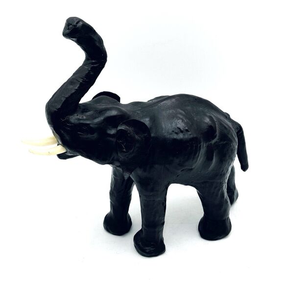Vintage Leather Wrapped Elephant Figure Good Luck Trunk Up w Tusks - Picture 3 of 10